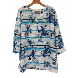Chicos 3 Womens Floral Striped Tunic Top blouse Size XL Blue & White